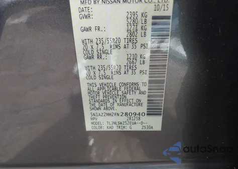 2015 Nissan Murano Platinum из США, поврежденный, VIN 5N1AZ2MH2FN280940